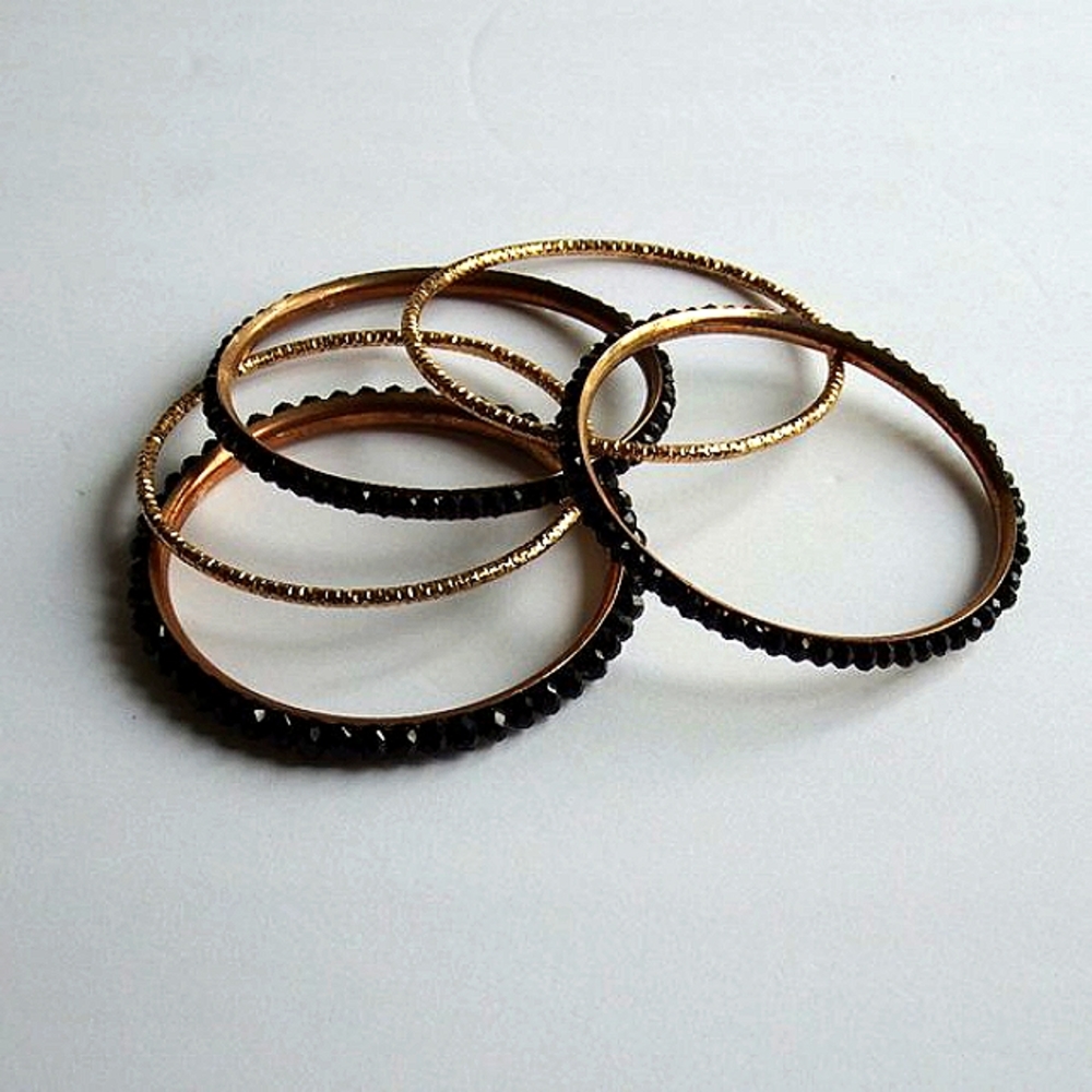 Set of Black Crystal/Brass Bangles 7.5"-8" Wrist